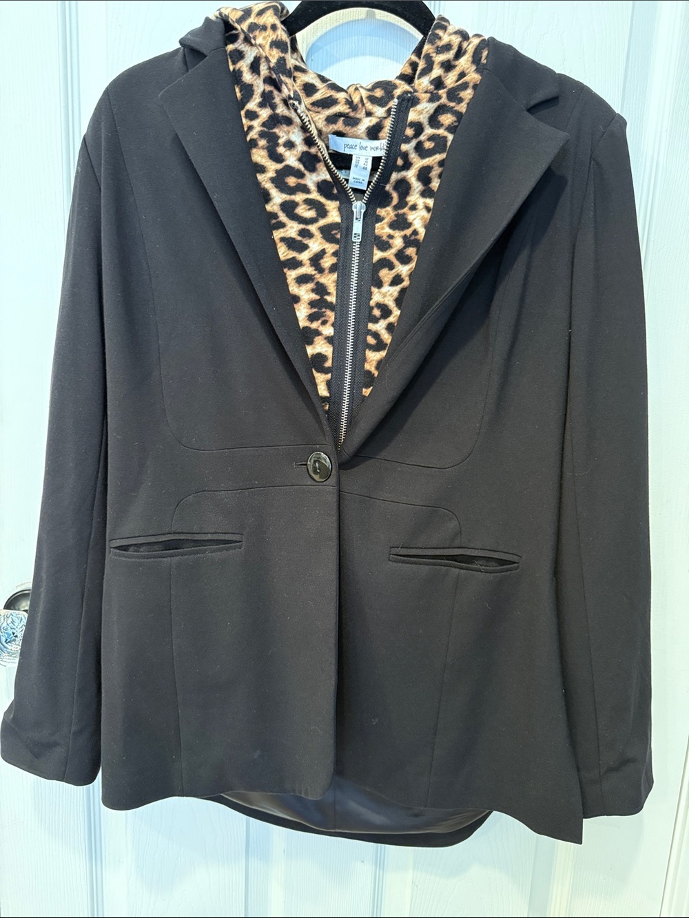 Peace Love World Black Ponte Knit Blazer with Removable Leopard Hood